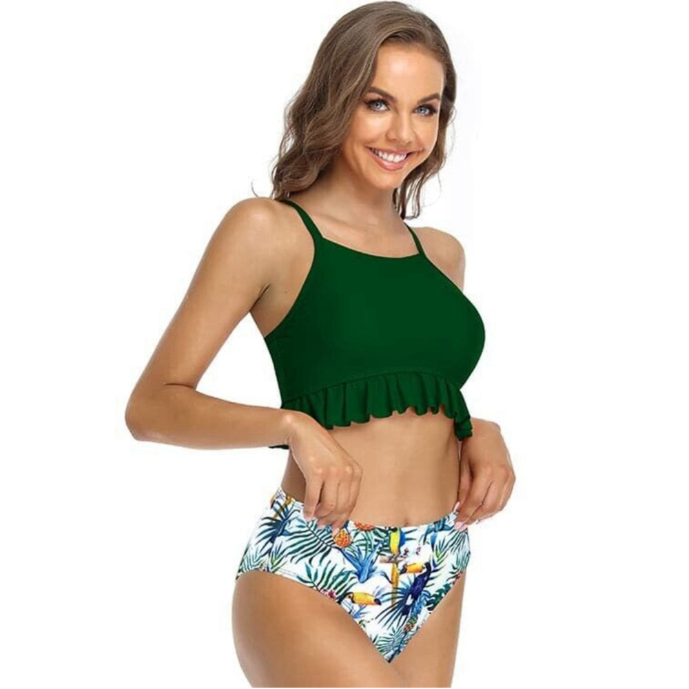 Shekini High Neck Ruffle Trim High Waisted Bikini Size M